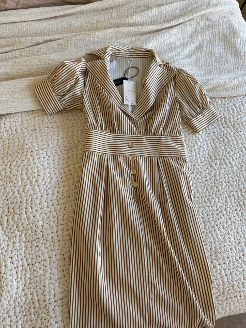 Button-Front Beige and White Striped Midi Dress - Picture 1 of 4